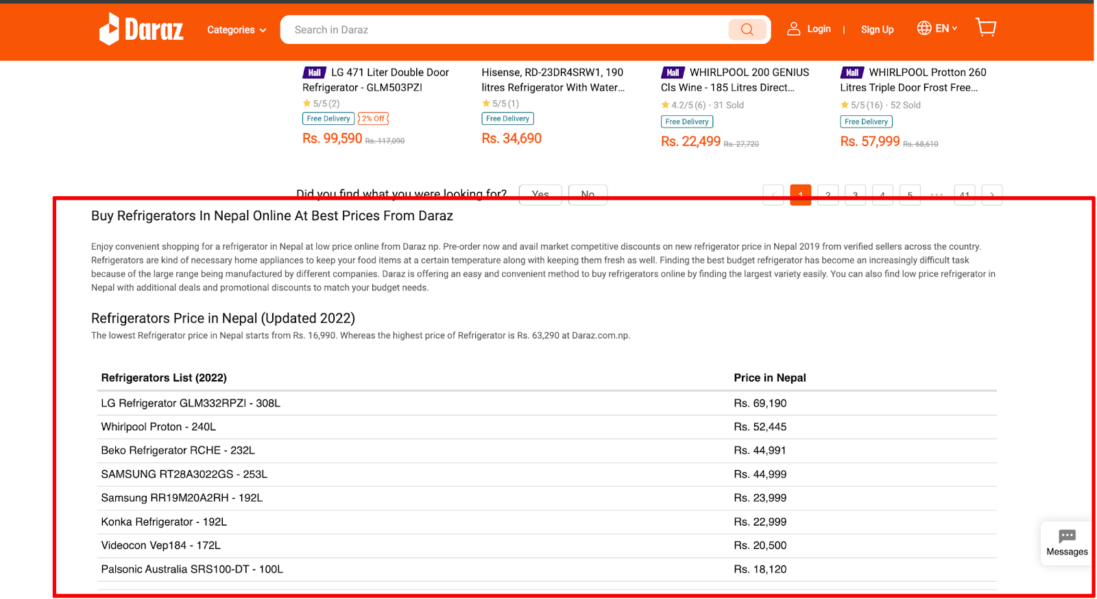 refrigerator price in nepal category page with content of daraz