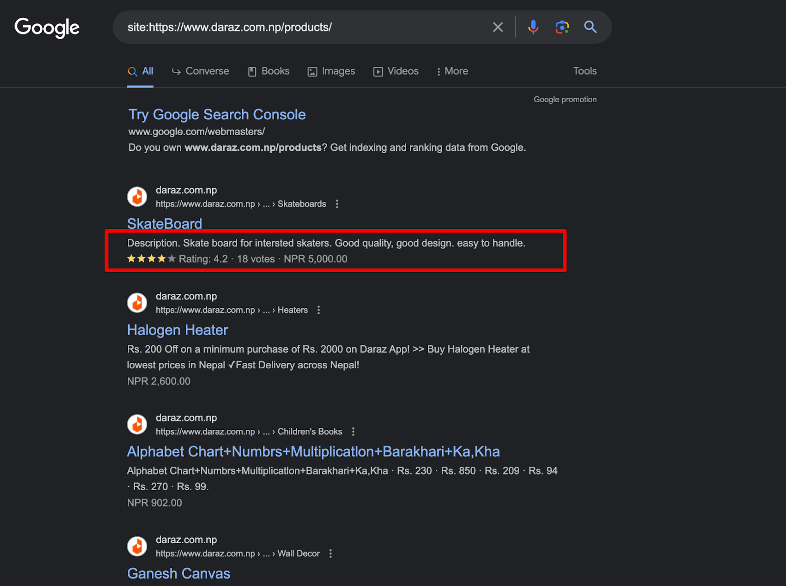 structured data showing in SERP of daraz